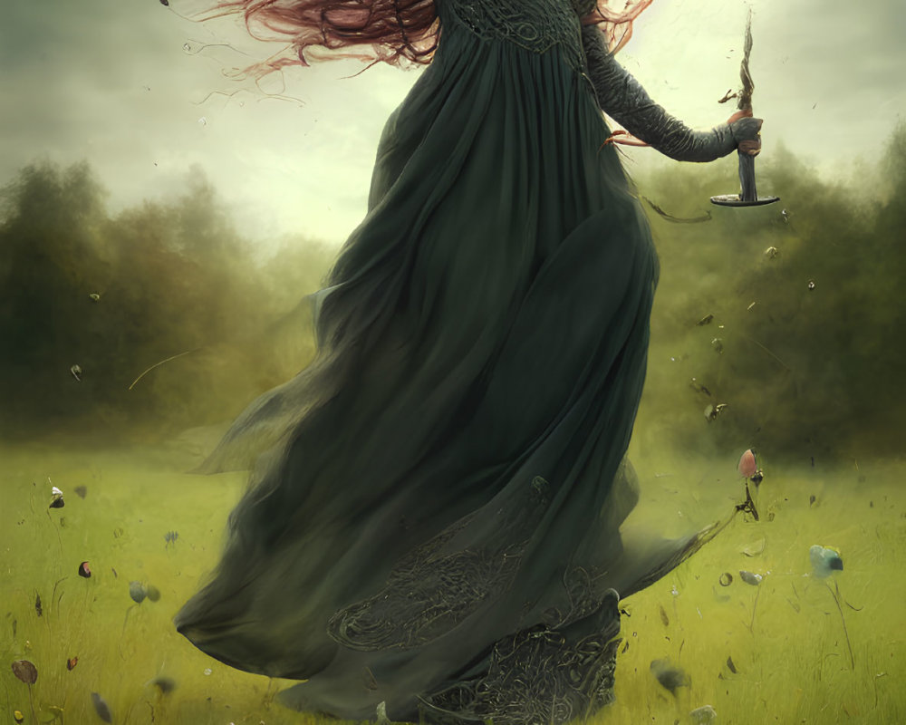 Red-haired woman in green dress wields sword in mystical field with stormy sky & floating petals.