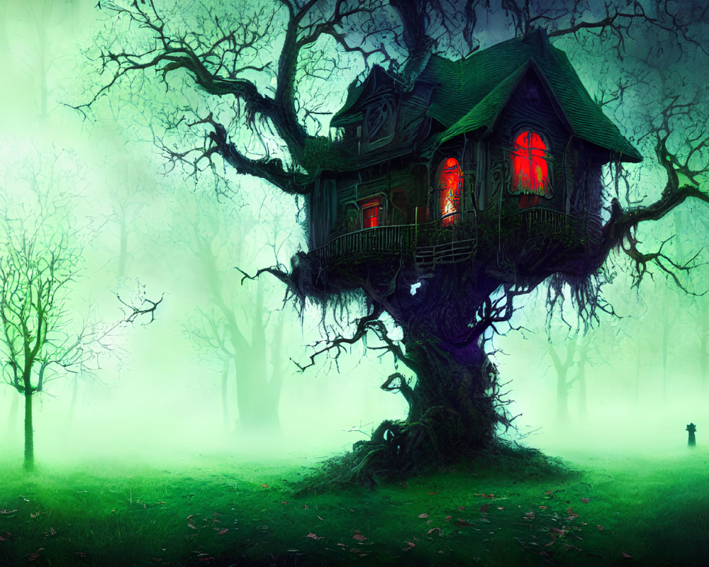 Eerie illuminated treehouse in mystical forest at dusk