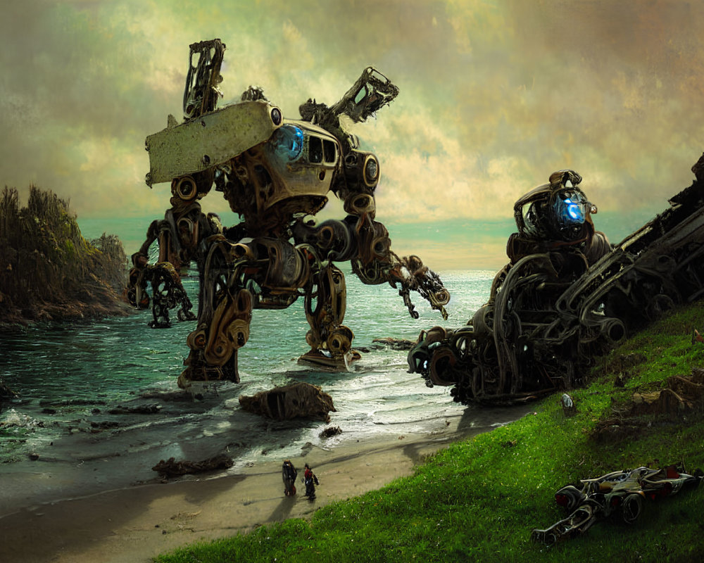 Intricate large robot with glowing blue elements next to wrecked counterpart on rugged beach at sunset.
