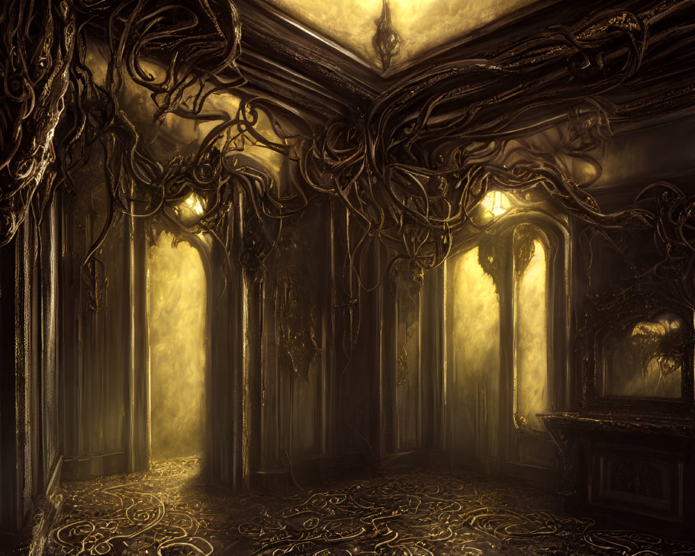 Dimly Lit Baroque Room Overgrown with Dark Branches