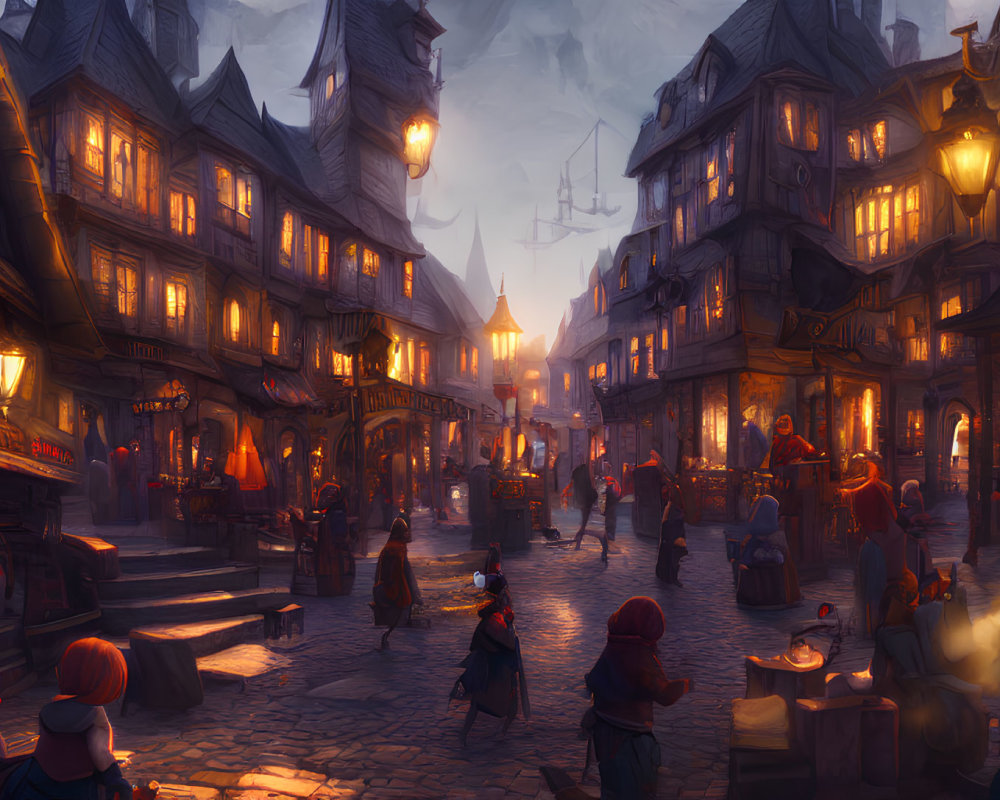 Medieval Street at Dusk with Lantern Light and Shops Advertising