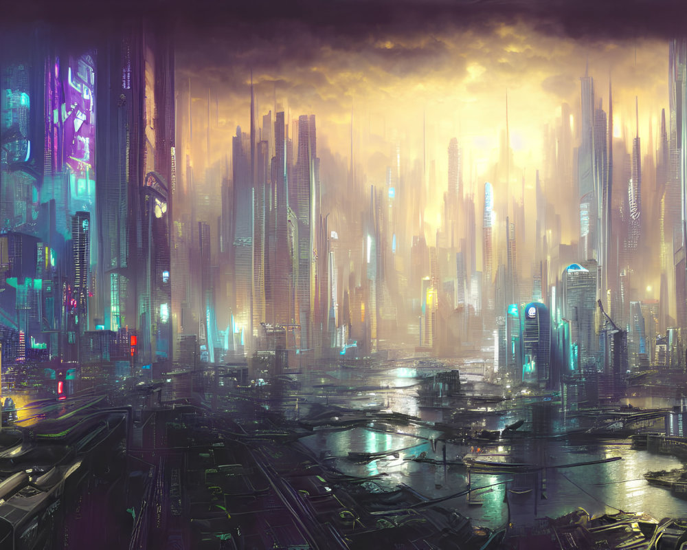 Futuristic cityscape with skyscrapers, neon signs, and golden sunset