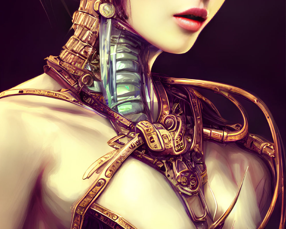 Woman with Cybernetic Neck and Shoulder Enhancements in Gold and Brass