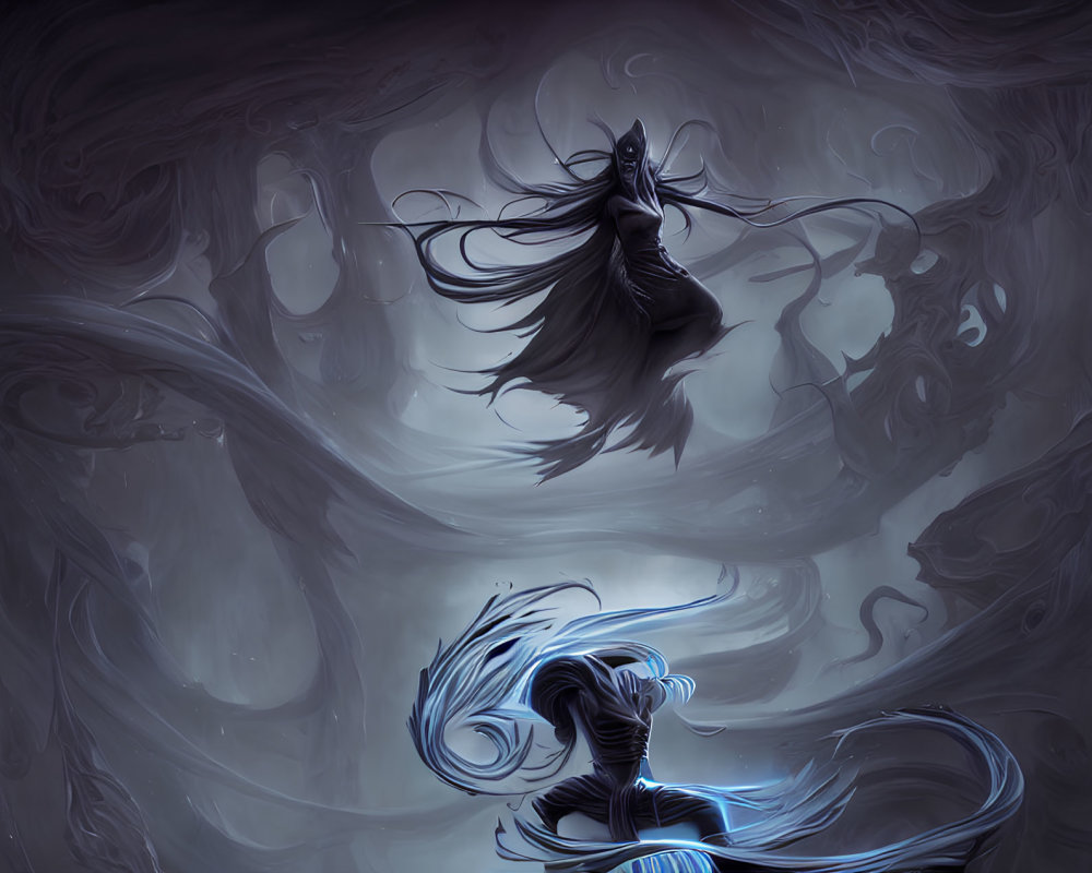 Silhouetted Figures in Stylized Artwork with Flowing Cloaks
