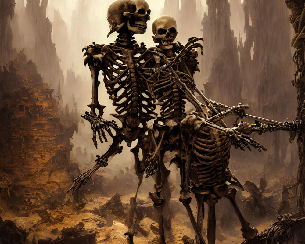 Digital artwork: Two skeletons in dark forest, one standing, one on horseback, engaged in dialogue