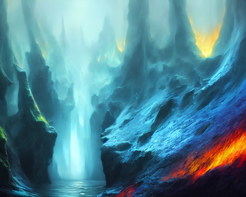 Mystical landscape with cliffs, river, lava flows, and ethereal glow