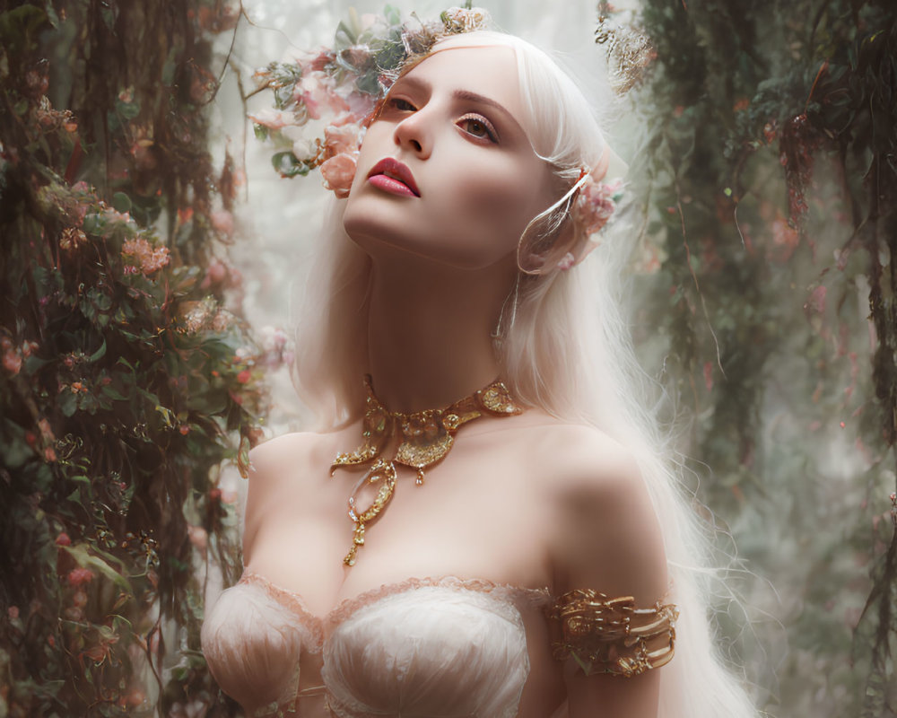 White-haired person with elf-like ears in misty forest with flowers and gold jewelry