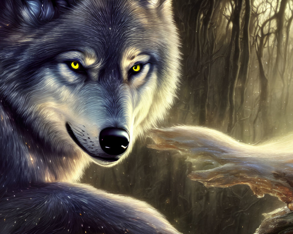 Realistic gray wolf with yellow eyes in misty forest setting