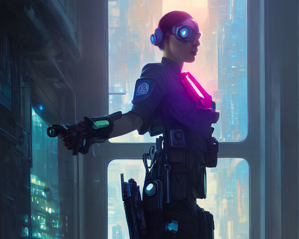 Futuristic soldier with glowing goggles and weapon overlooking neon-lit cityscape