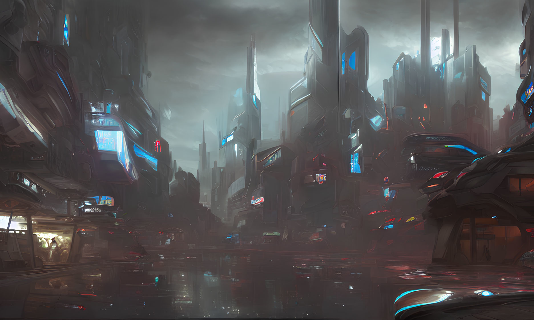 Futuristic cityscape with sleek skyscrapers and flying vehicles