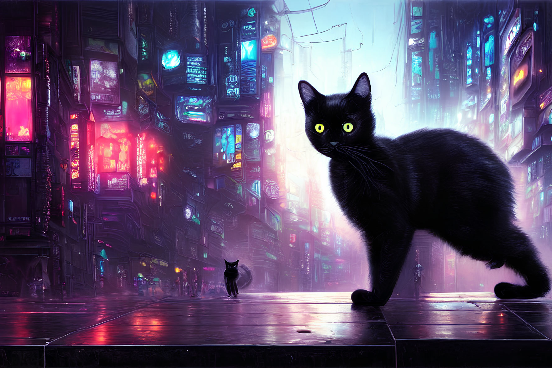 Black Cat with Luminous Yellow Eyes in Neon-Lit Urban Alley