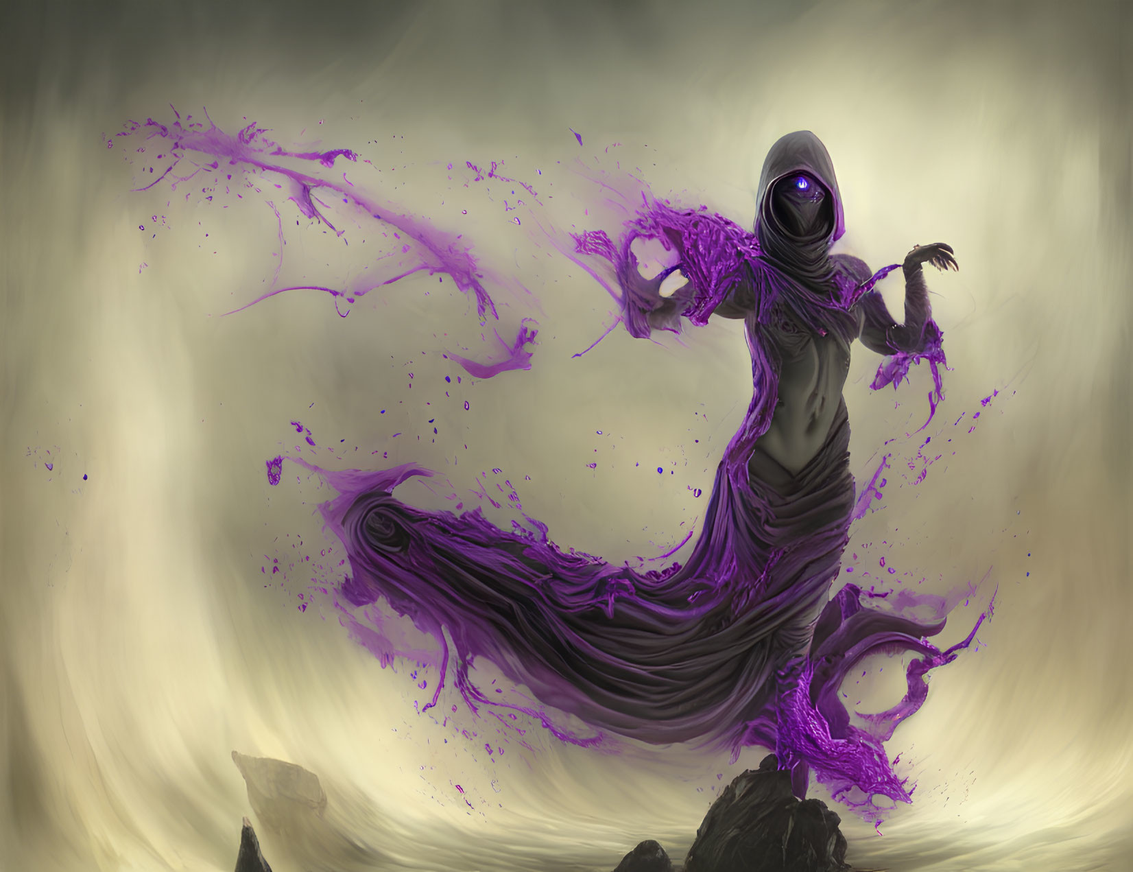 Hooded figure with swirling purple energy in dramatic setting