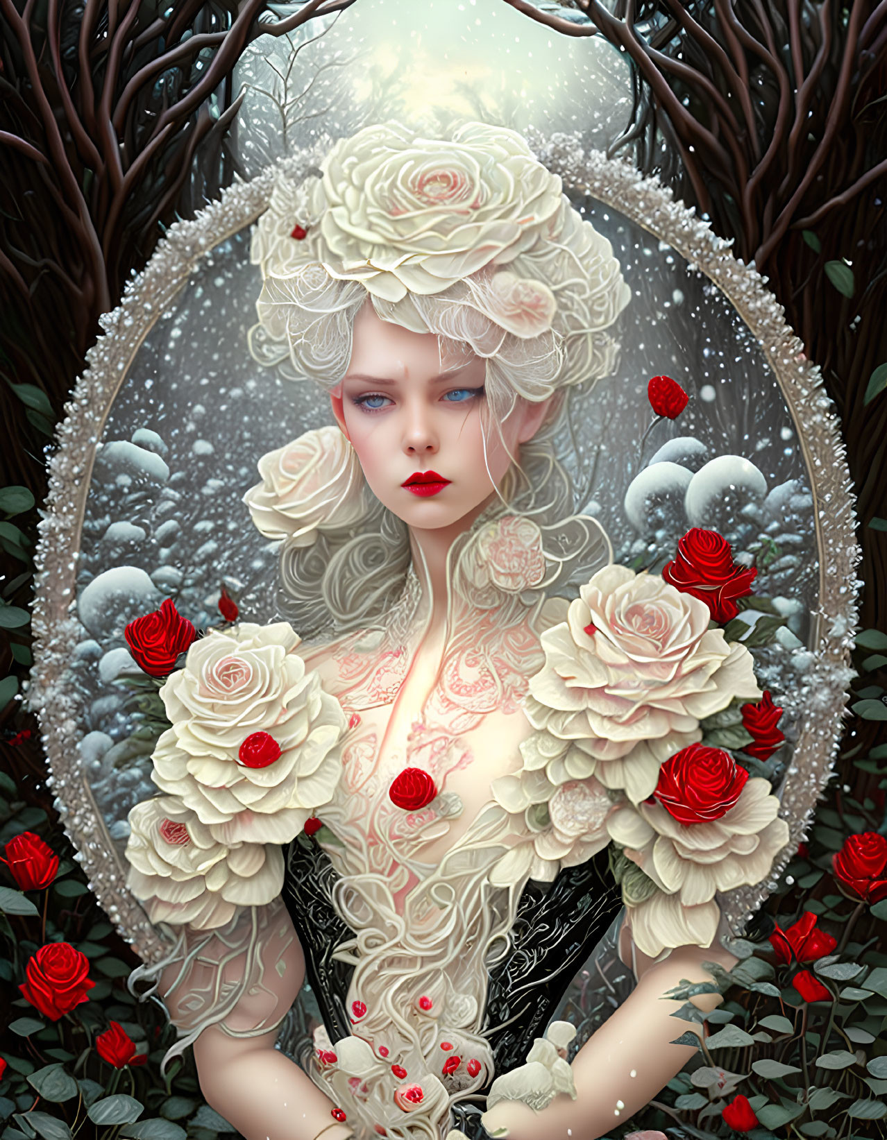 Illustrated woman with pale skin and blue eyes surrounded by roses in a floral frame.
