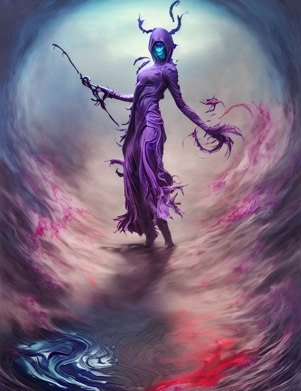 Blue glowing face mystical figure levitating in purple robes amidst swirling magenta and indigo vortex.