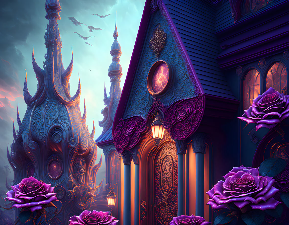 Purple Fantasy Scene with Ornate Architecture and Moonlit Sky