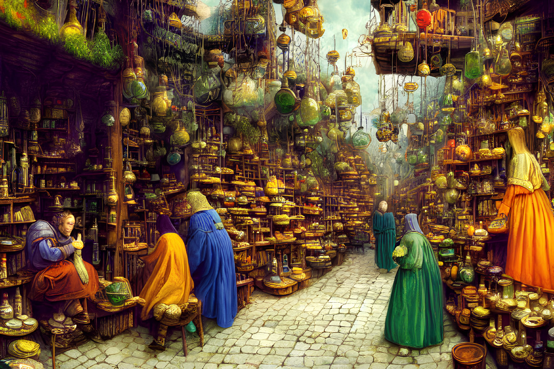 Medieval marketplace with colorful merchants, pottery, plants, and lanterns