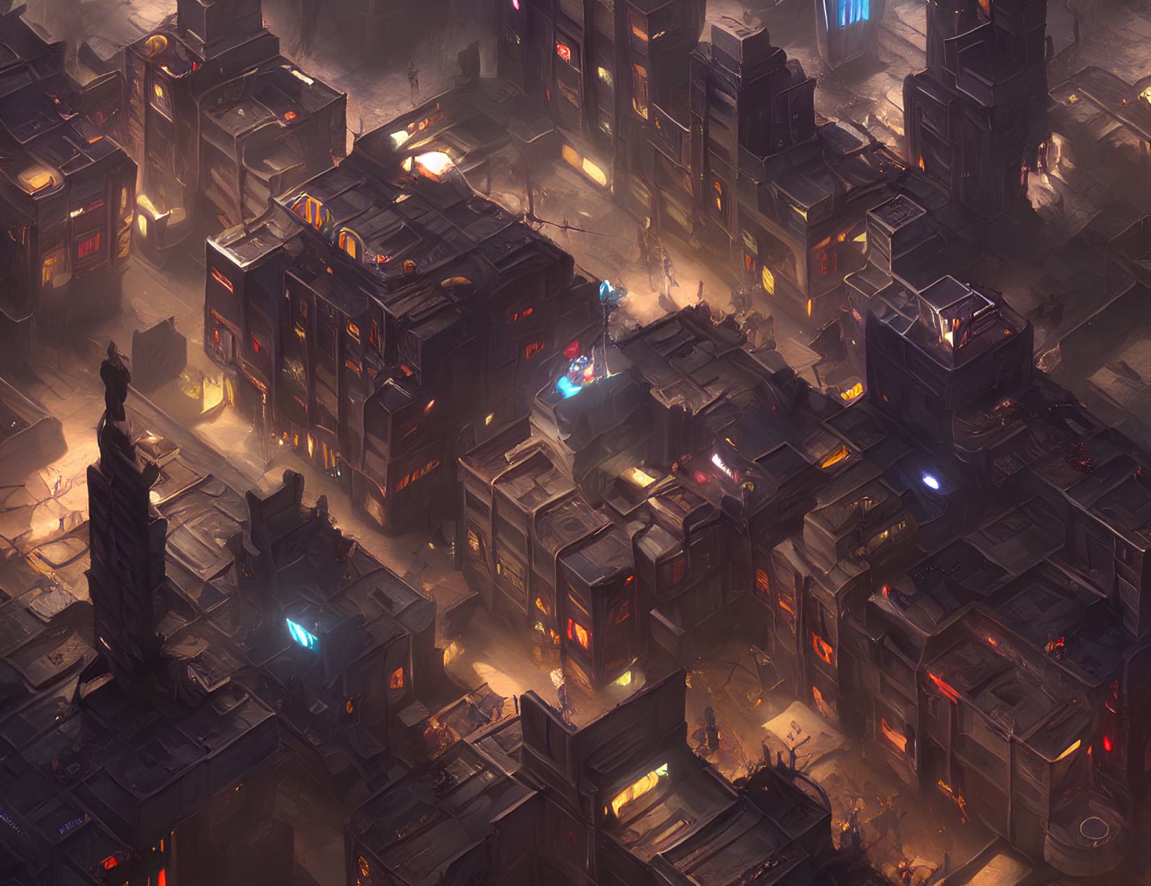 Futuristic cityscape at dusk: towering buildings, glowing windows, neon signs, and a prominent
