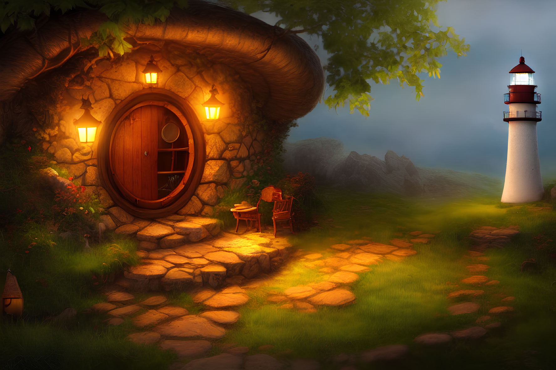 Enchanting cottage with circular door under mushroom cap, stone path to distant lighthouse in misty