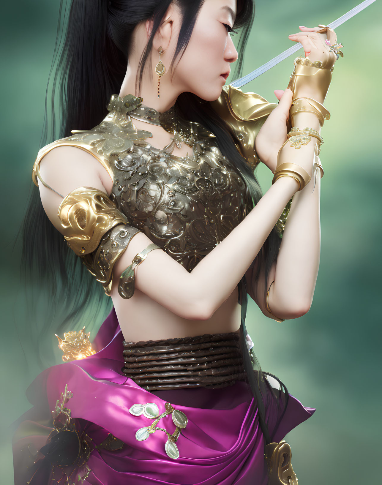 Fantasy woman in golden-accented armor holding a sword, gazing sideways in misty setting