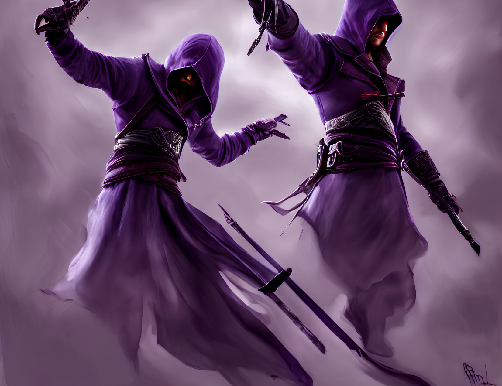 Cloaked figures with glowing eyes in misty backdrop with dagger and commanding hand.