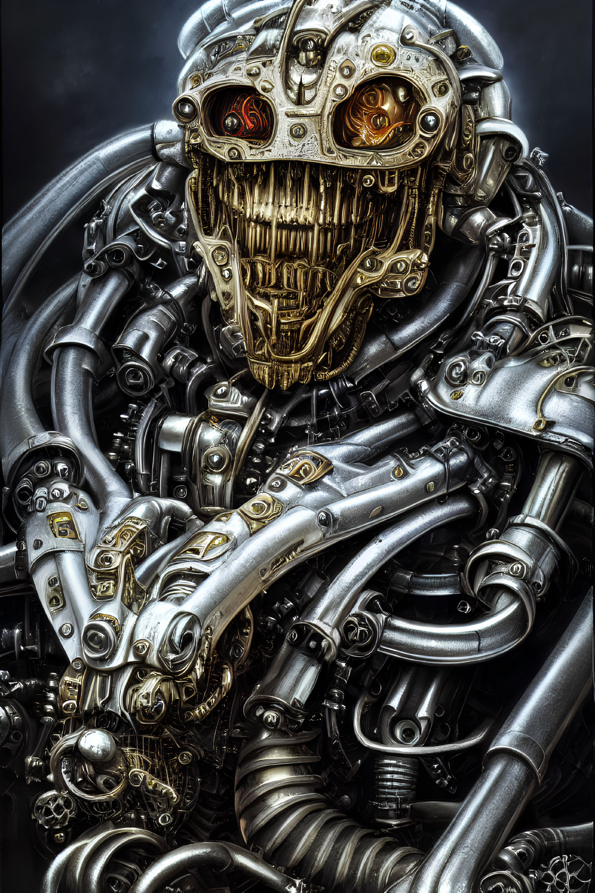Detailed Mechanical Skull with Gold and Silver Components and Metal Pipes & Gears