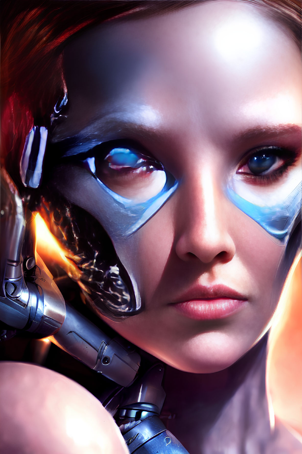 Half-Face Woman with Robotic Features: Metallic Eye and Neck