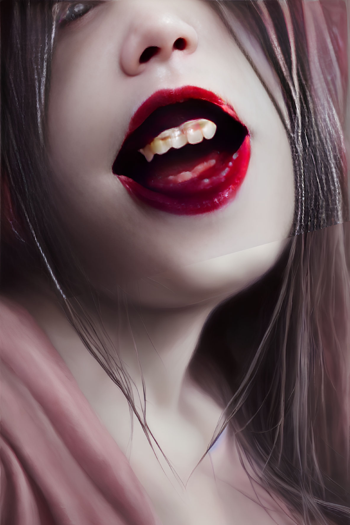 Close-up portrait of person with dark hair, red lips, and sharp canine tooth.