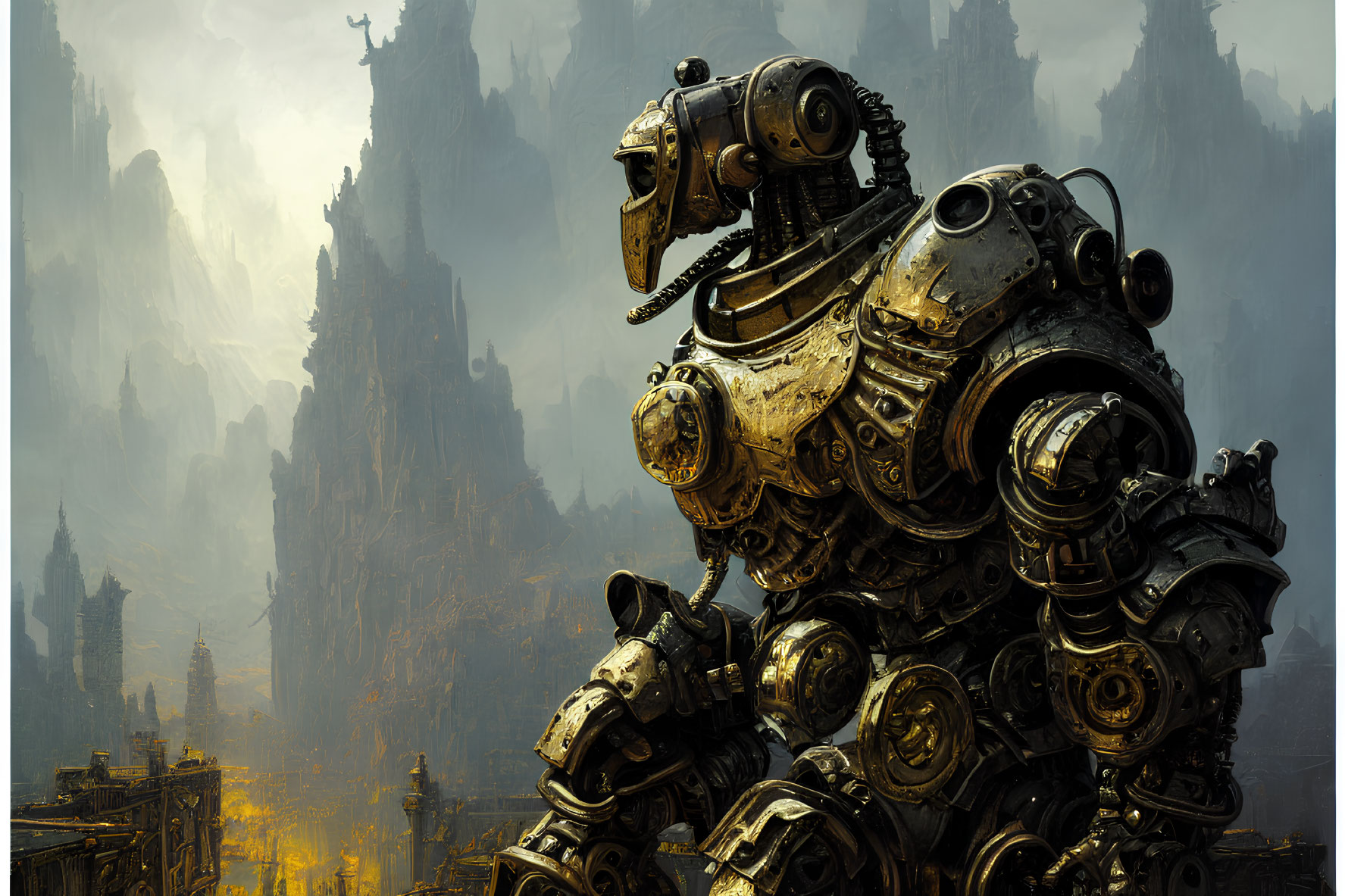 Detailed steampunk robot in misty gothic cityscape