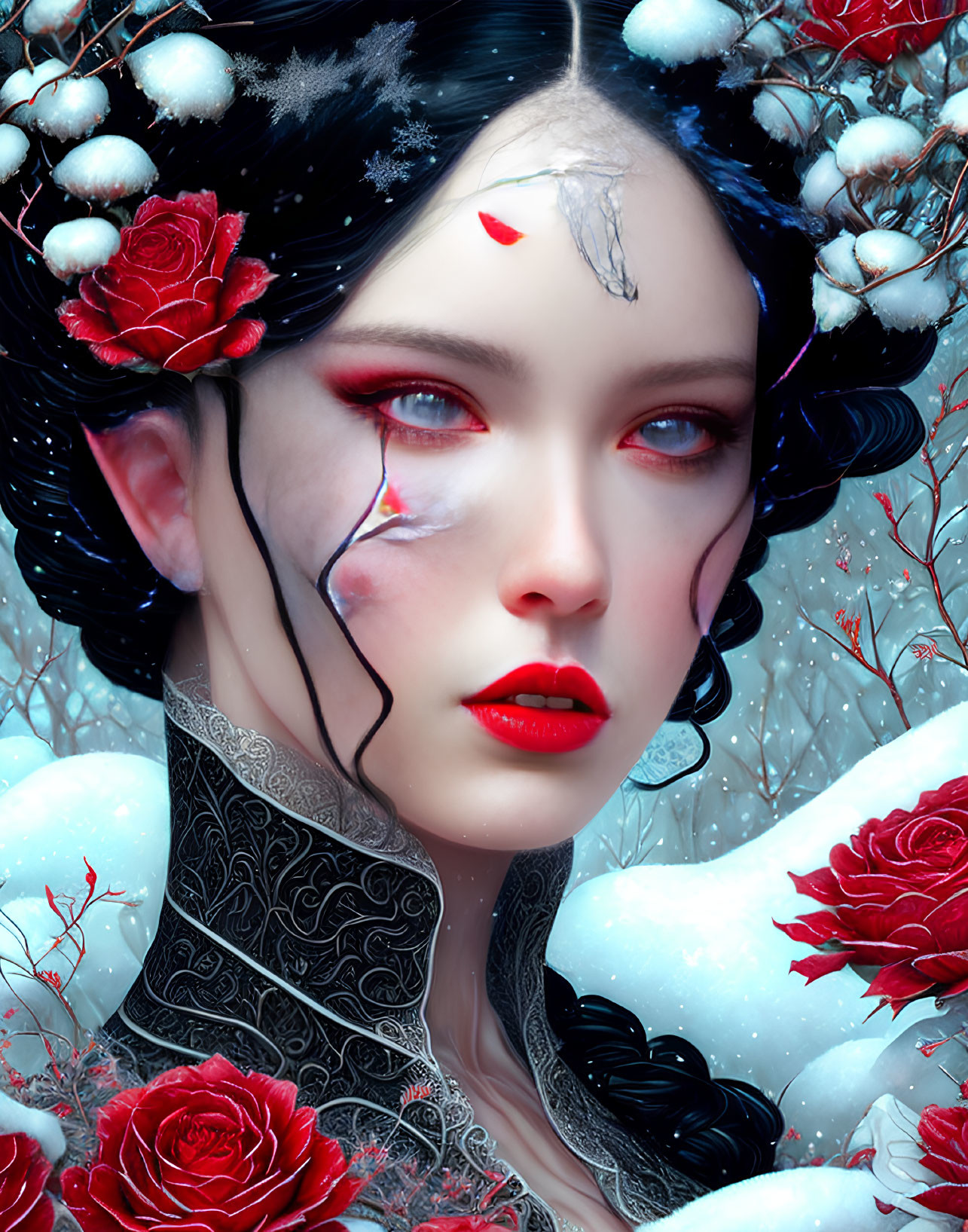 Digital artwork: Pale-skinned woman with red eyes, surrounded by roses and snow