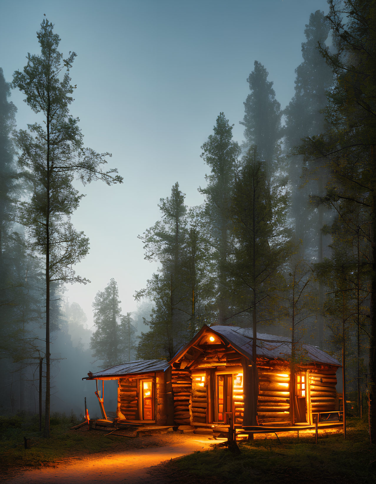 Twilight scene: Warmly lit log cabin amid misty pine trees