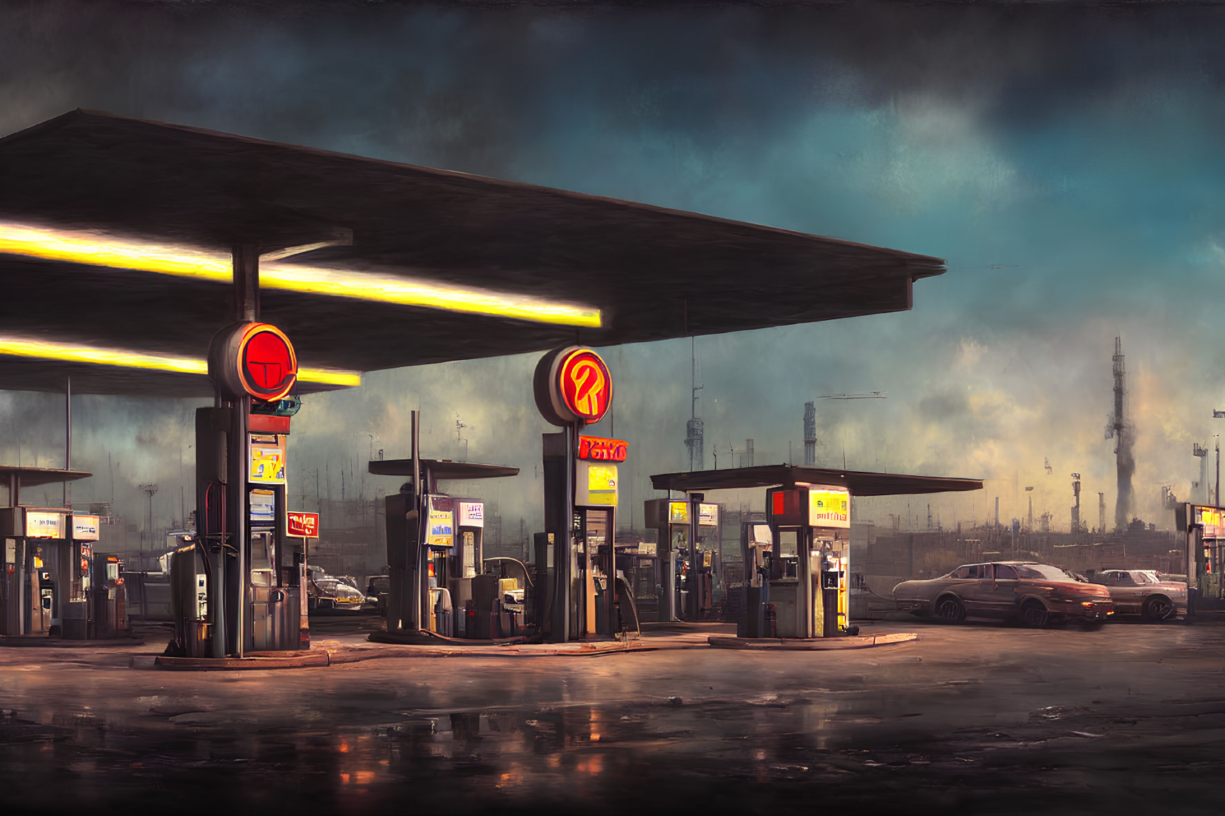 Dystopian gas station with neon signs and futuristic cityscape