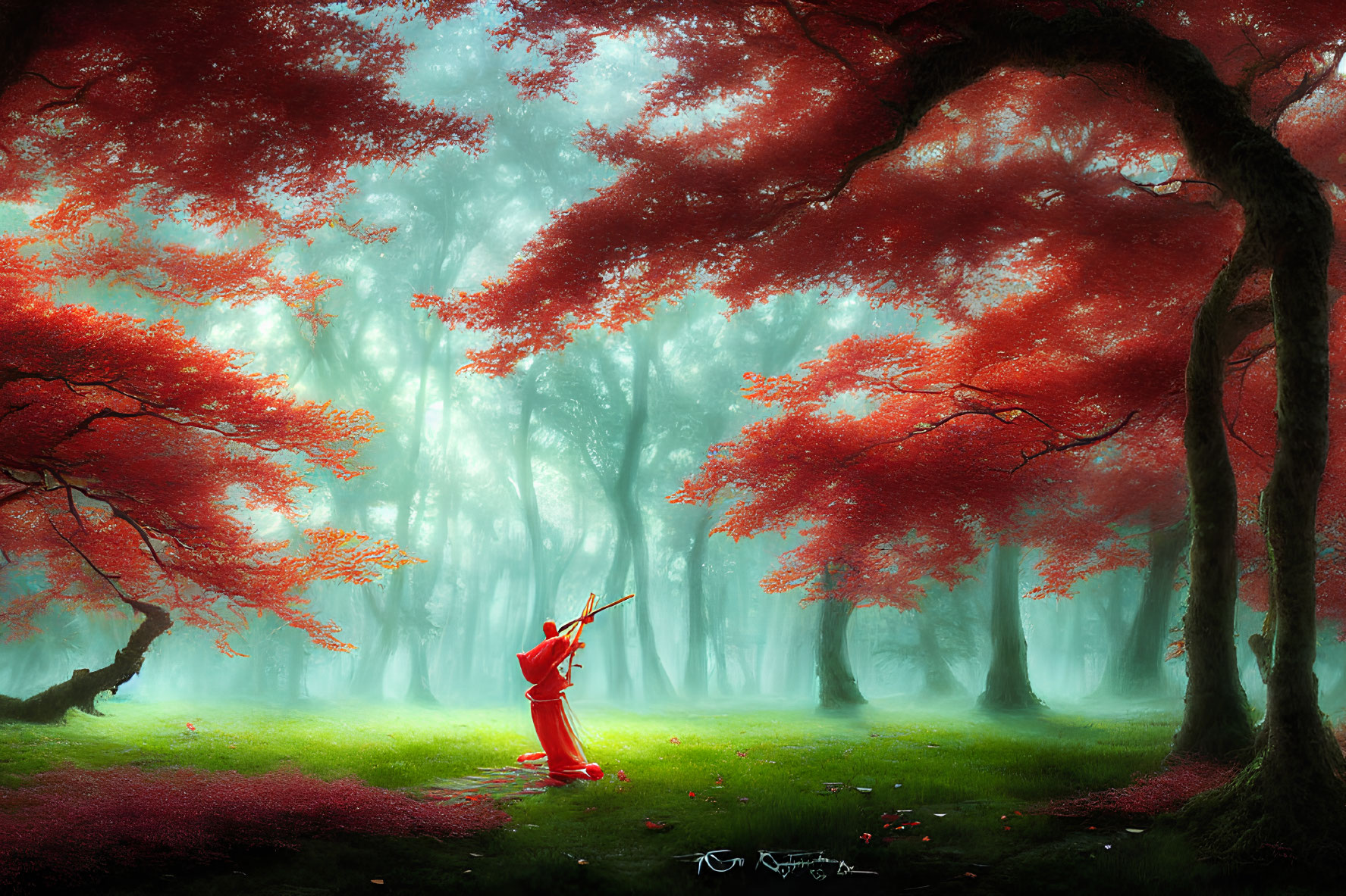 Person playing violin under vibrant red-leaved tree canopy