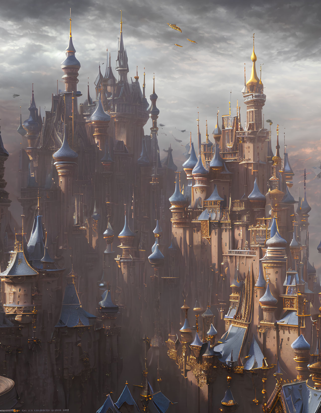 Fantasy castle with golden rooftops and airships in cloudy sky