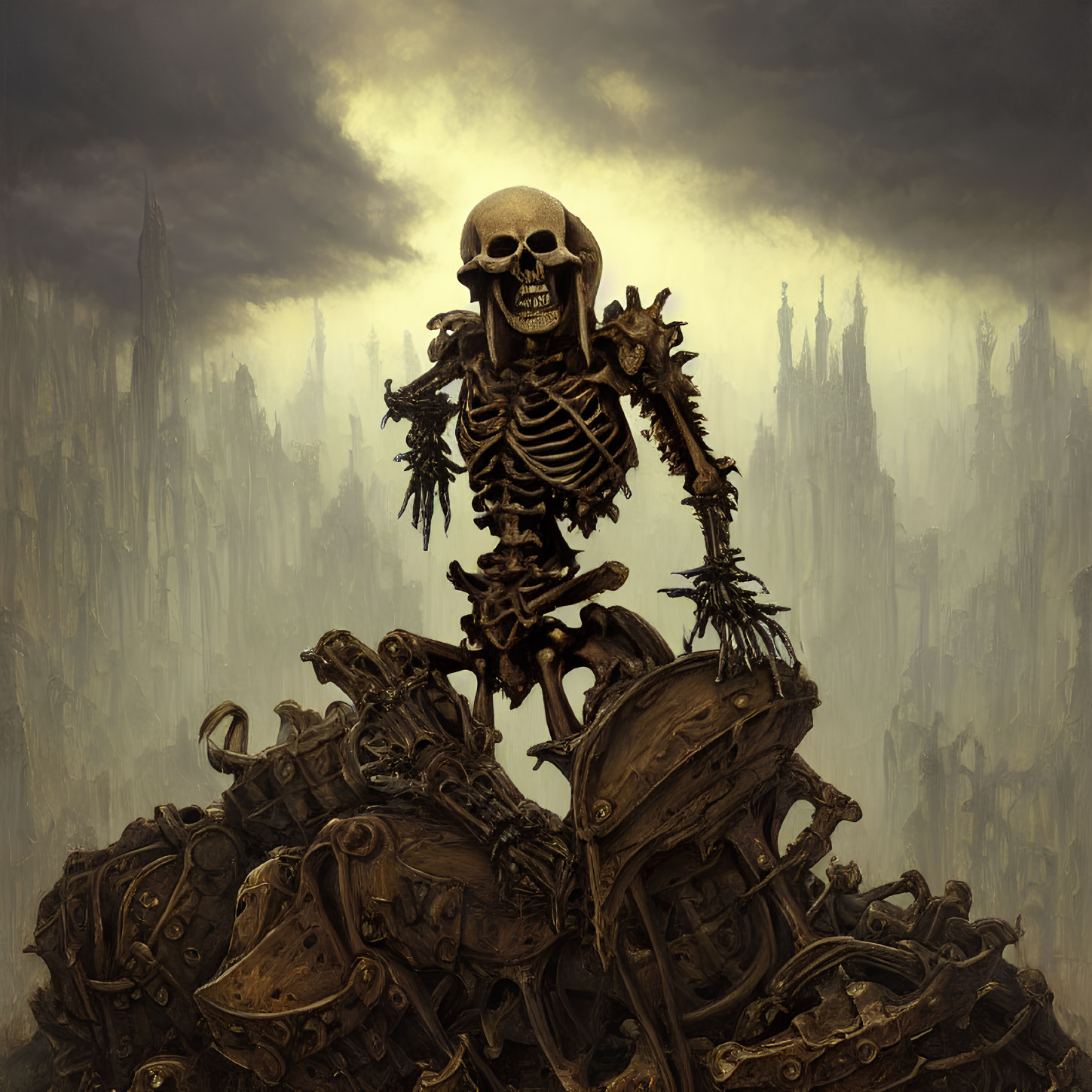 Skeletal figure above mechanical debris in dark, spire-filled setting