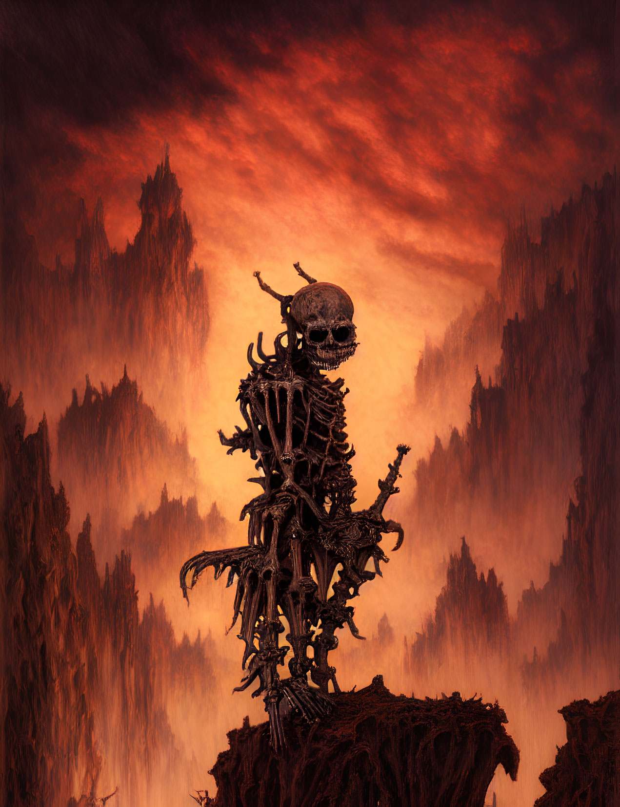 Skeletal figure on rocky outcrop in red skies landscape