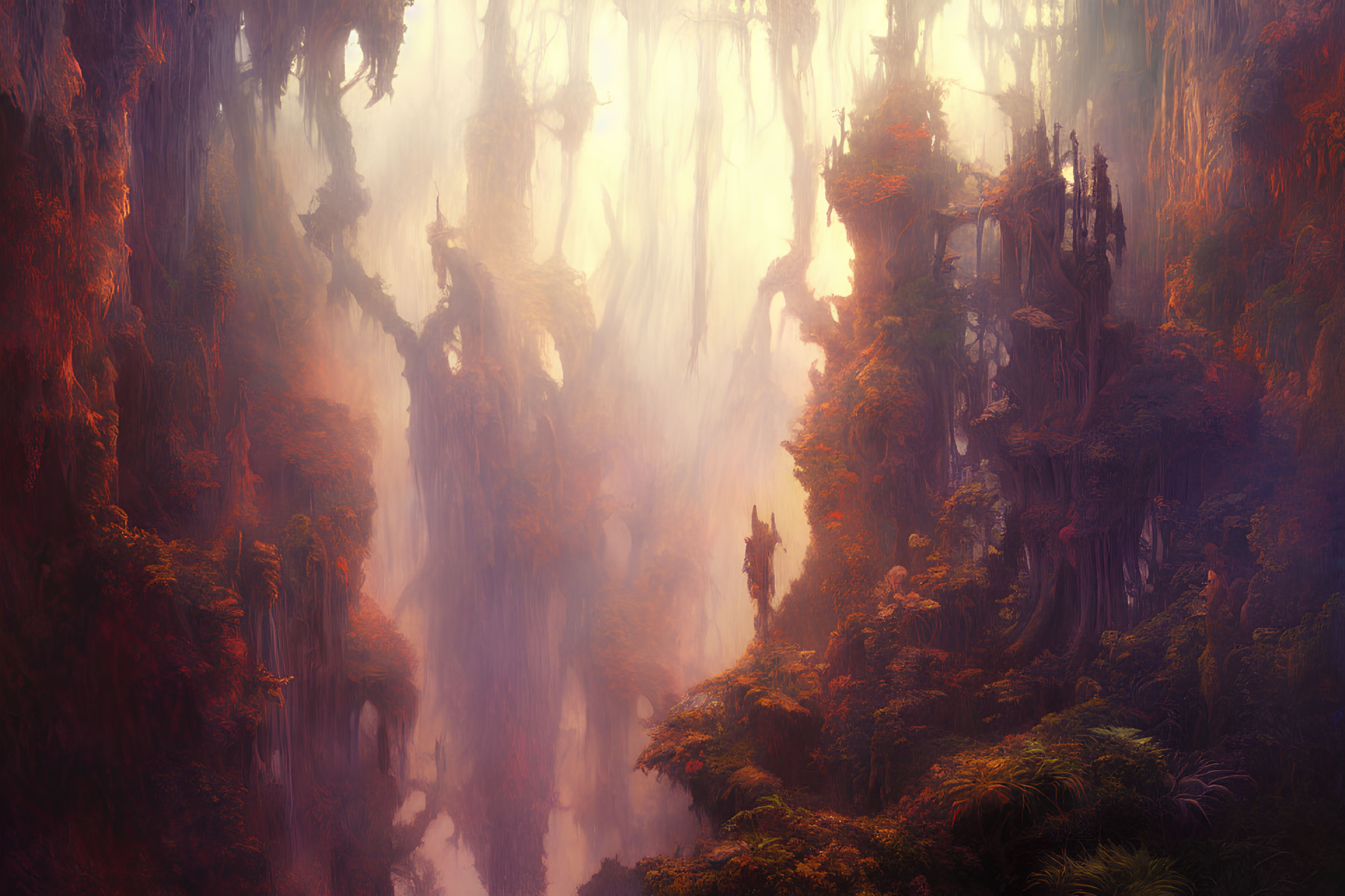 Mystical Forest with Towering Moss-Covered Trees