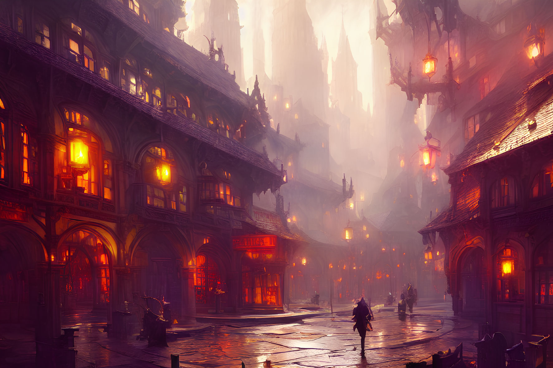 Fantasy cityscape at dusk with glowing lights and towering spires