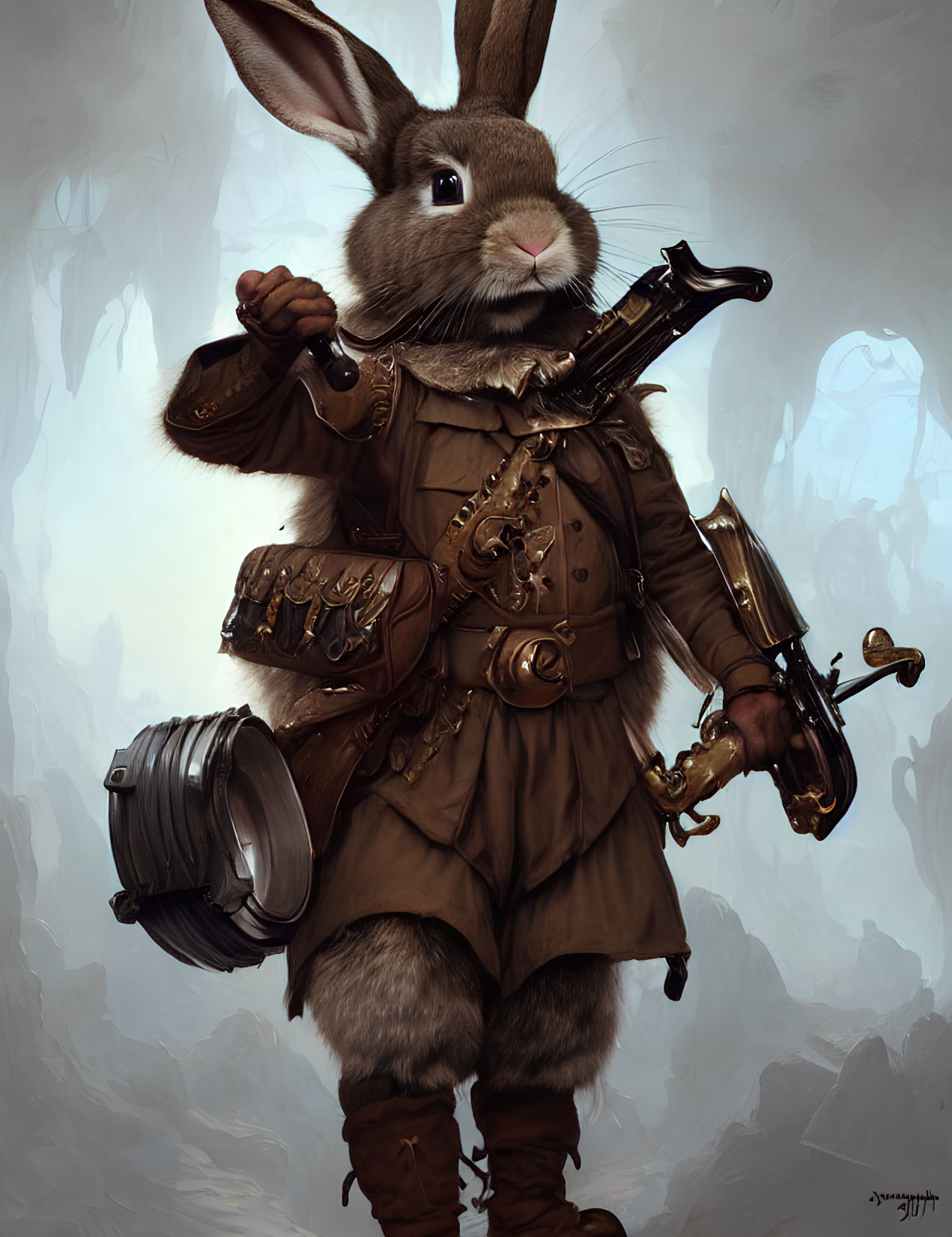 Steampunk-themed anthropomorphic rabbit with sword, pistol, and mechanical arm