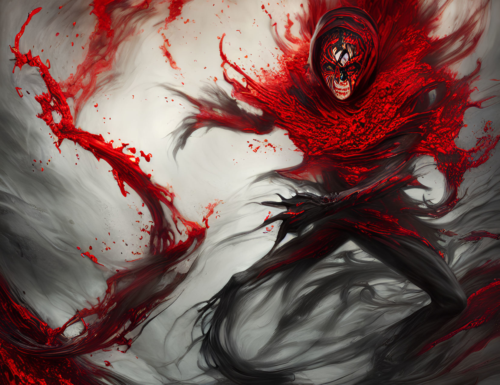 Sinister figure in red and black cloak with skull-like face and outstretched hands