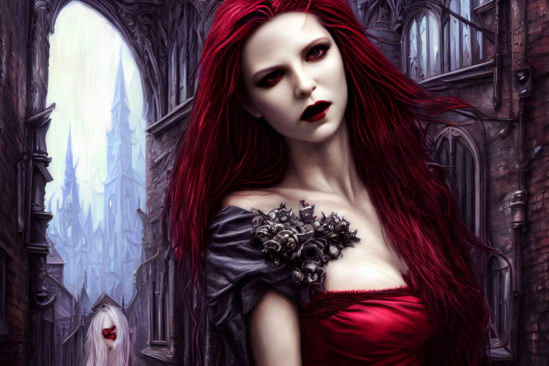 Red-haired female vampire in gothic ruin setting with striking makeup