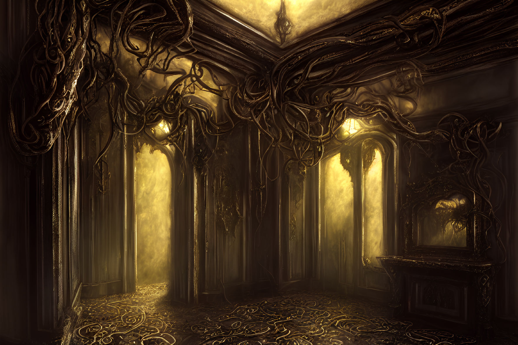 Dimly Lit Baroque Room Overgrown with Dark Branches