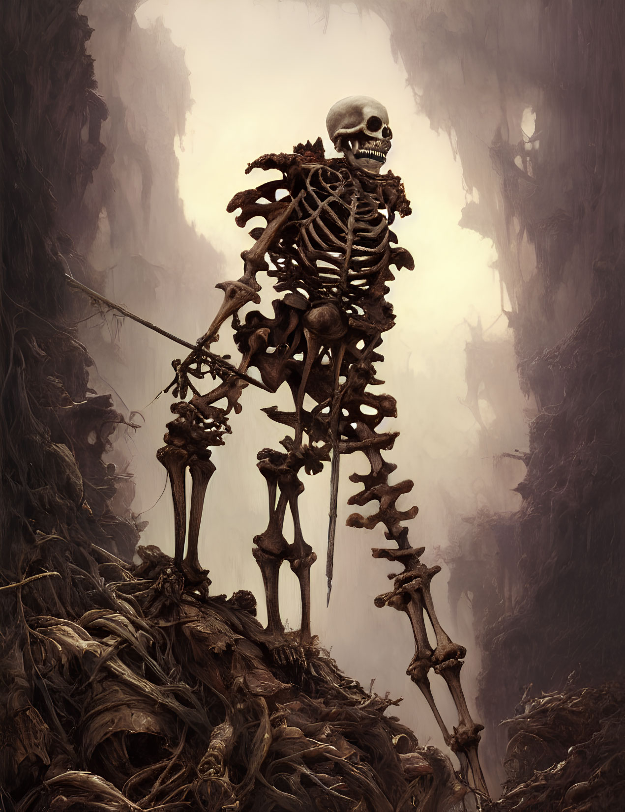 Skeleton with Spear on Bone Pile in Misty Chasm