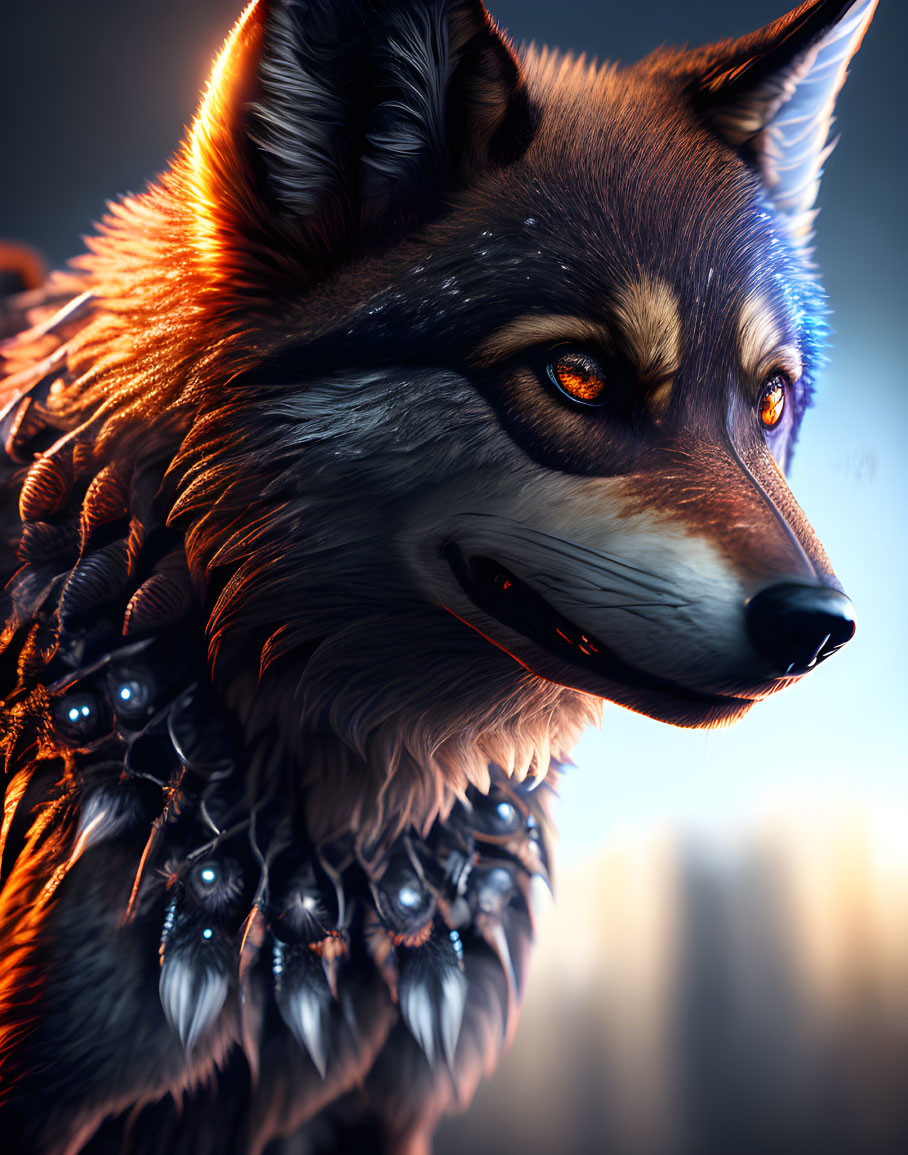 Detailed close-up: stylized wolf with vivid eyes & intricate feathers under warm light