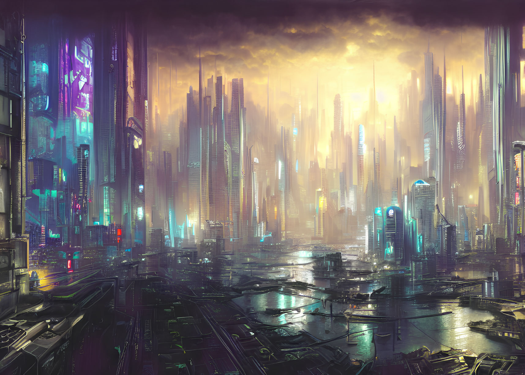 Futuristic cityscape with skyscrapers, neon signs, and golden sunset
