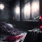 Desolate room with shattered windows, draped bed, and red candles in darkness