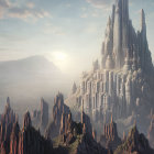 Futuristic cityscape with towering spires and misty mountains