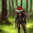 Fantasy female warriors with bow and spear in misty forest
