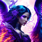 Dark-haired woman with purple wings and glowing backdrop in intricate attire