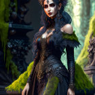 Fantasy character with horns and ornate dress in forest setting