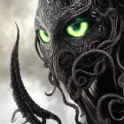 Detailed creature with green glowing eyes and black armored surface among twisting tentacles.